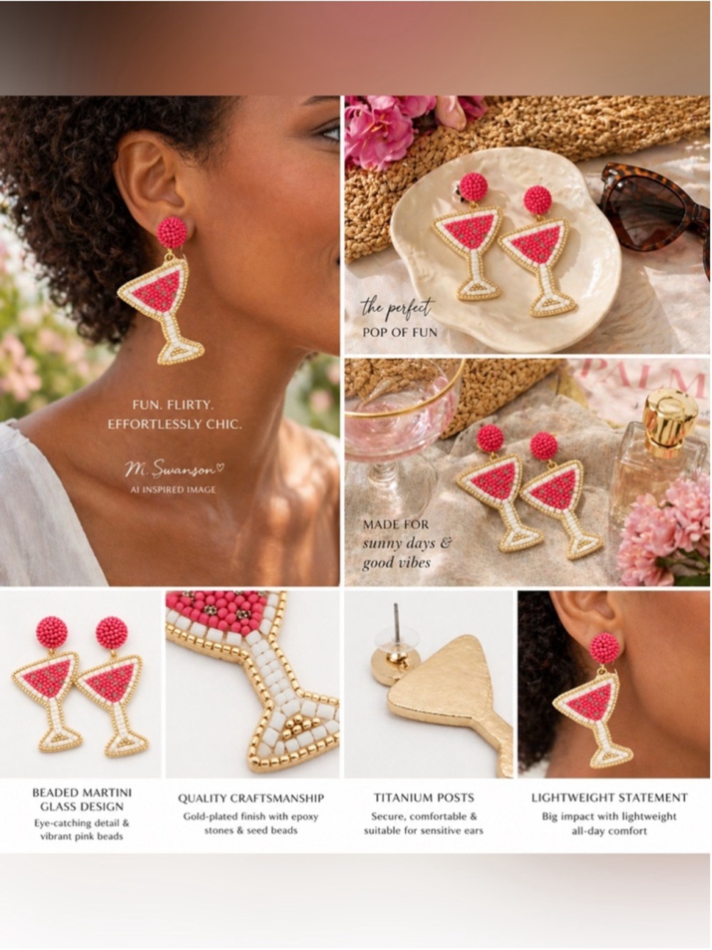 J. Crew Martini Glass Beaded Statement Earrings Pink Gold NEW - Picture 3 of 7